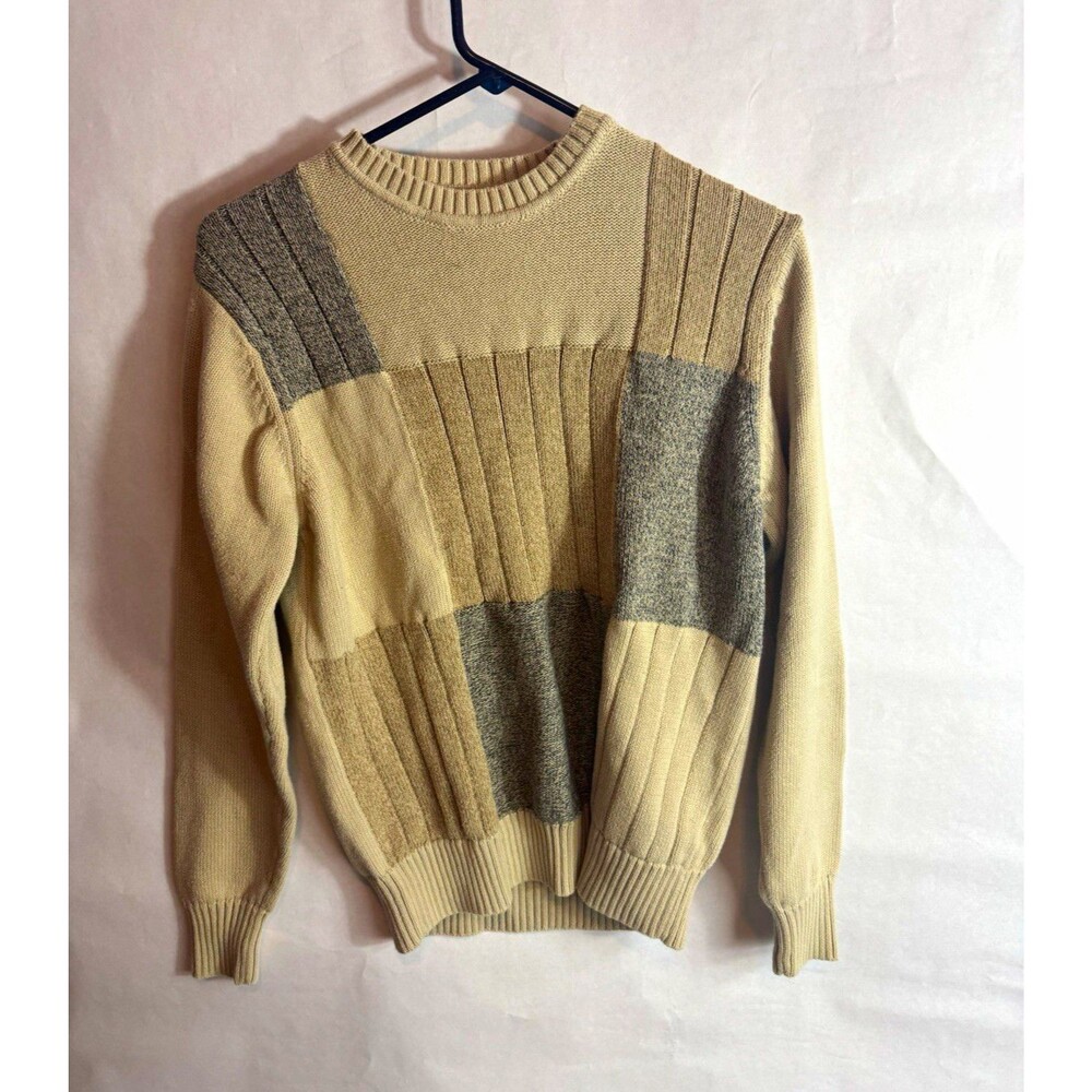 Dockers Men's Beige/Gray Colorblock Knit Cotton Crewneck Pullover Sweater S